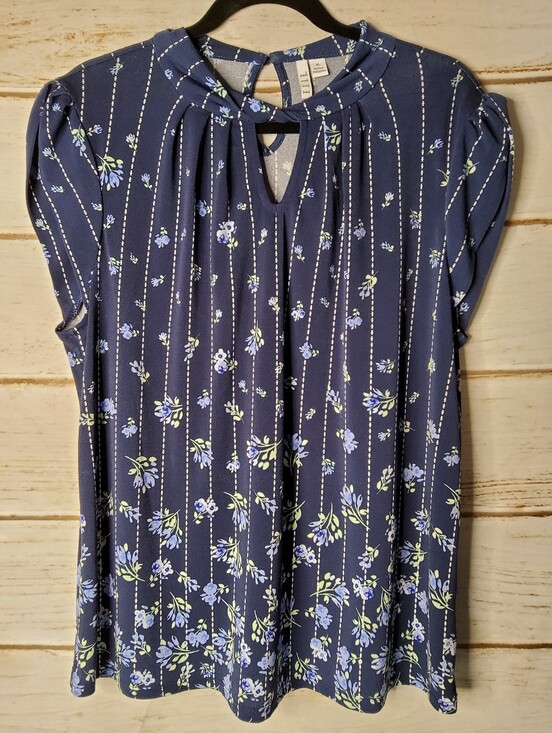 Elle Tops - Elle Gibbs Garden Navy Blue Floral Mockneck Top